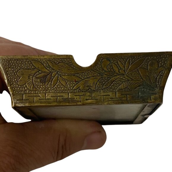 Vintage Miniature Brass Ashtray Floral Petit Point Needlepoint Inlay Victorian - Picture 3 of 7